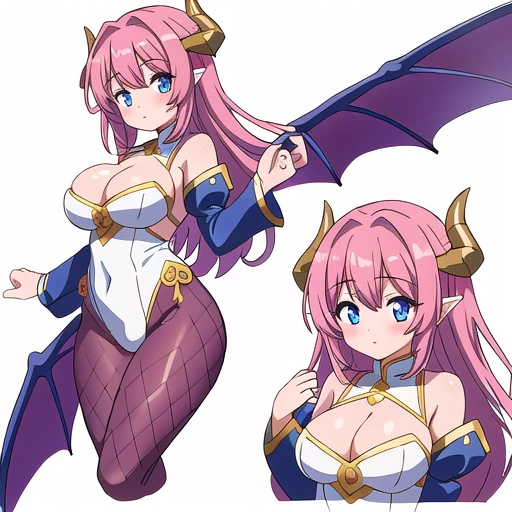 masterpiece, best quality, cute eyes, 1girl, solo, high fantasy costume, ((white background)), full body, multiple views, leotard, succubus, dragon horn, detached sleeves, bodystocking, cleavage cutout,