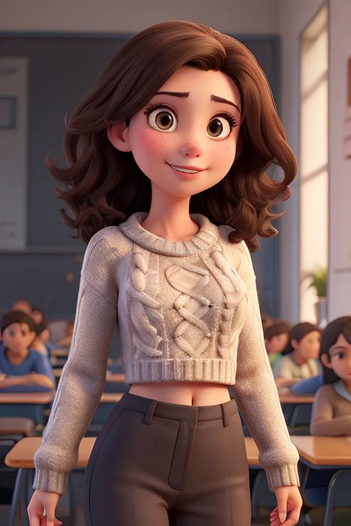 Brunette high school teacher, wearing a cropped sweater ((best quality)), ((masterpiece)), (detailed), perfect face, brown eyes, medium breasts