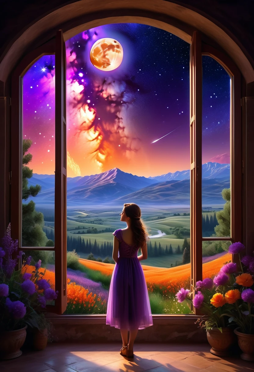 beautiful dark room，There is a big window, Windows in Roman architectural style，Girl standing by the window，The scenery outside the window，Looking out from the window，vast landscape photos, (A view of the sky and the wilderness below), Standing in the flower field and looking up, (full moon: 1.2), (meteor: 0.9), (nebula: 1.3), distant mountains, The art of tree folding, (Warm light source: 1.2), (firefly: 1.2), lamp, purple and orange, intricate details, Volumetric lightingBREAK (masterpiece: 1.2), (best quality ), 4K, Super detailed, (Dynamic configuration: 1.4), Highly detailed and colorful details (iridescent: 1.2), (sparkling lights, mood lighting), fantastic, magic, (alone: 1.2)