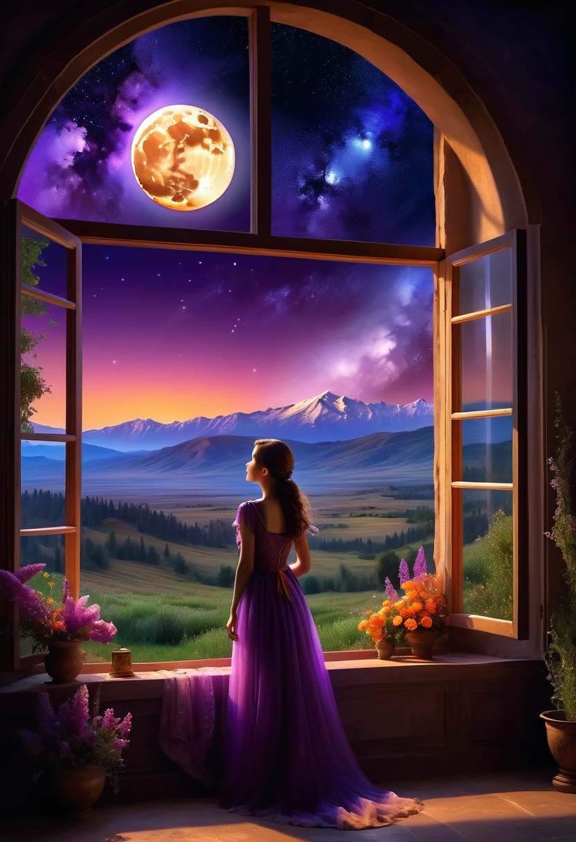 beautiful dark room，There is a big window, Windows in Roman architectural style，Girl standing by the window，The scenery outside the window，Looking out from the window，vast landscape photos, (A view of the sky and the wilderness below), Standing in the flower field and looking up, (full moon: 1.2), (meteor: 0.9), (nebula: 1.3), distant mountains, The art of tree folding, (Warm light source: 1.2), (firefly: 1.2), lamp, purple and orange, intricate details, Volumetric lightingBREAK (masterpiece: 1.2), (best quality ), 4K, Super detailed, (Dynamic configuration: 1.4), Highly detailed and colorful details (iridescent: 1.2), (sparkling lights, mood lighting), fantastic, magic, (alone: 1.2)