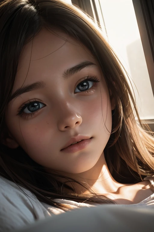 The girl waking up - Close-up of the girl's face as she opens her eyes, sunlight streaming in through the window behind her.