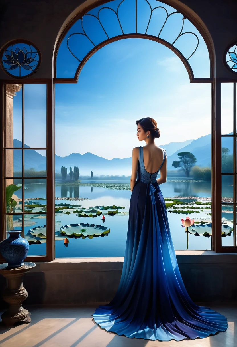 beautiful dark room,There is a big window, The scenery outside the window,(Looking out from the window:1.5),Roman style windows,An elegant woman wearing a blue gradient dress standing by the window. A large lotus pond outside the window, creating a surreal ambiance. Inspired by concept artist Mobius, The color has a strong contrast between light gray and dark navy blue, Create a sense of mystery.