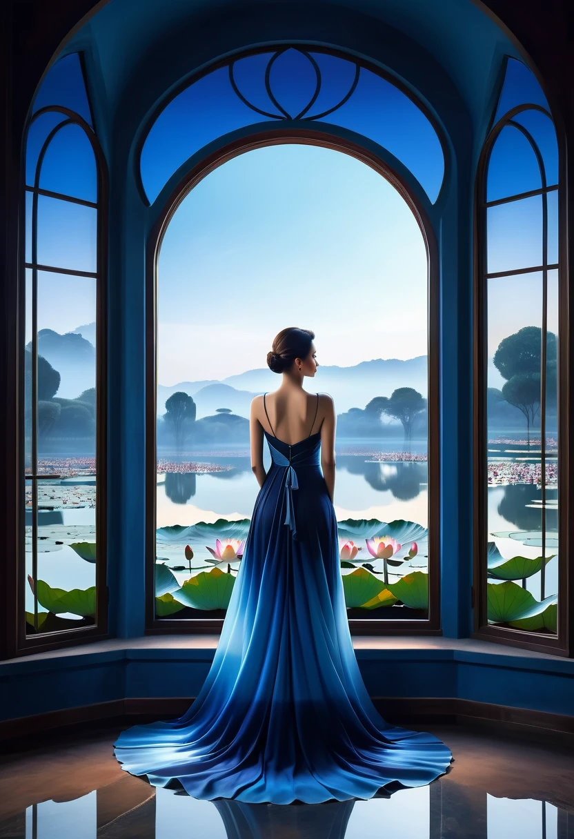 beautiful dark room，There is a big window,  The scenery outside the window，(Looking out from the window:1.5)，Roman style windows，An elegant woman wearing a blue gradient dress standing by the window.  A large lotus pond outside the window, creating a surreal ambiance.  Inspired by concept artist Mobius, The color has a strong contrast between light gray and dark navy blue, Create a sense of mystery.