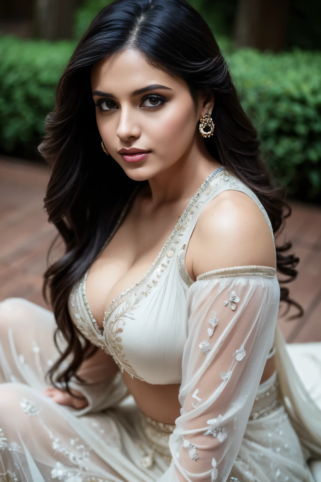 Portrait of A confident-looking indian princess from kamasutra with long flowing hair, hazel eyes, without flowing capes, Cleopatra fabric with laces, c-cup breasts, sitting in grass, water background, bokeh, perfect composition, hyperrealistic, super detailed, 8k, high quality, trending art, trending on artstation, sharp focus, nude studio photo, intricate details, highly detailed, art by greg rutkowski