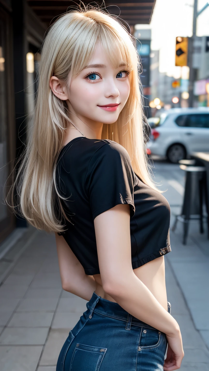 best quality、8K masterpiece、ultra high resolution、(realistic:1.3)、RAW photos、Shiny blonde Scandinavian beautiful girl、Beautiful and shiny platinum blonde hair、very long straight hair、Bangs between the eyes、Very beautiful bright sky blue eyes、very big eyes、Shining eyes towards the camera、neon details、small face beauty、round face、Cheek Gloss Highlight、Sexy big,A sexy yet cute & cute and beautiful sexy face, A strong wind blows my bangs,Beautiful super long metallic blonde straight hair with beautiful cute and sexy eyes hidden behind long bangs、belly shirt、Very short yellow and black checked miniskirt、Turn around and look at me with a smiling face、