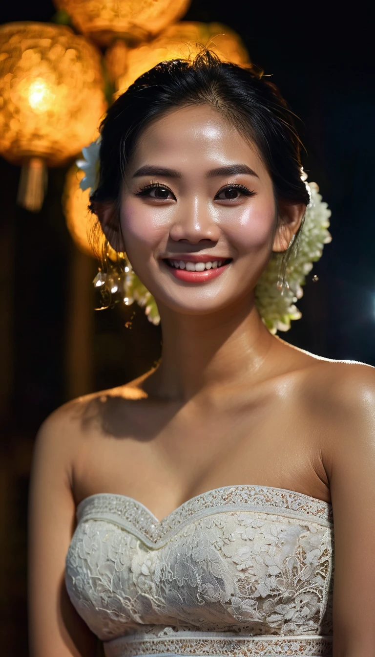 Best quality, masterpiece, super high resolution, a super model joining Khmer New Year in Cambodia, super beautiful face, pure body, clear pores visible, (smile:0.8), wearing Cambodia culture dress (lace bandeau:1.2), (realism:1.5), original photo, body, covered in sweat, bare shoulders, in the dark, low-key, cold light((best quality)), ((masterpiece)), (detailed), perfect face