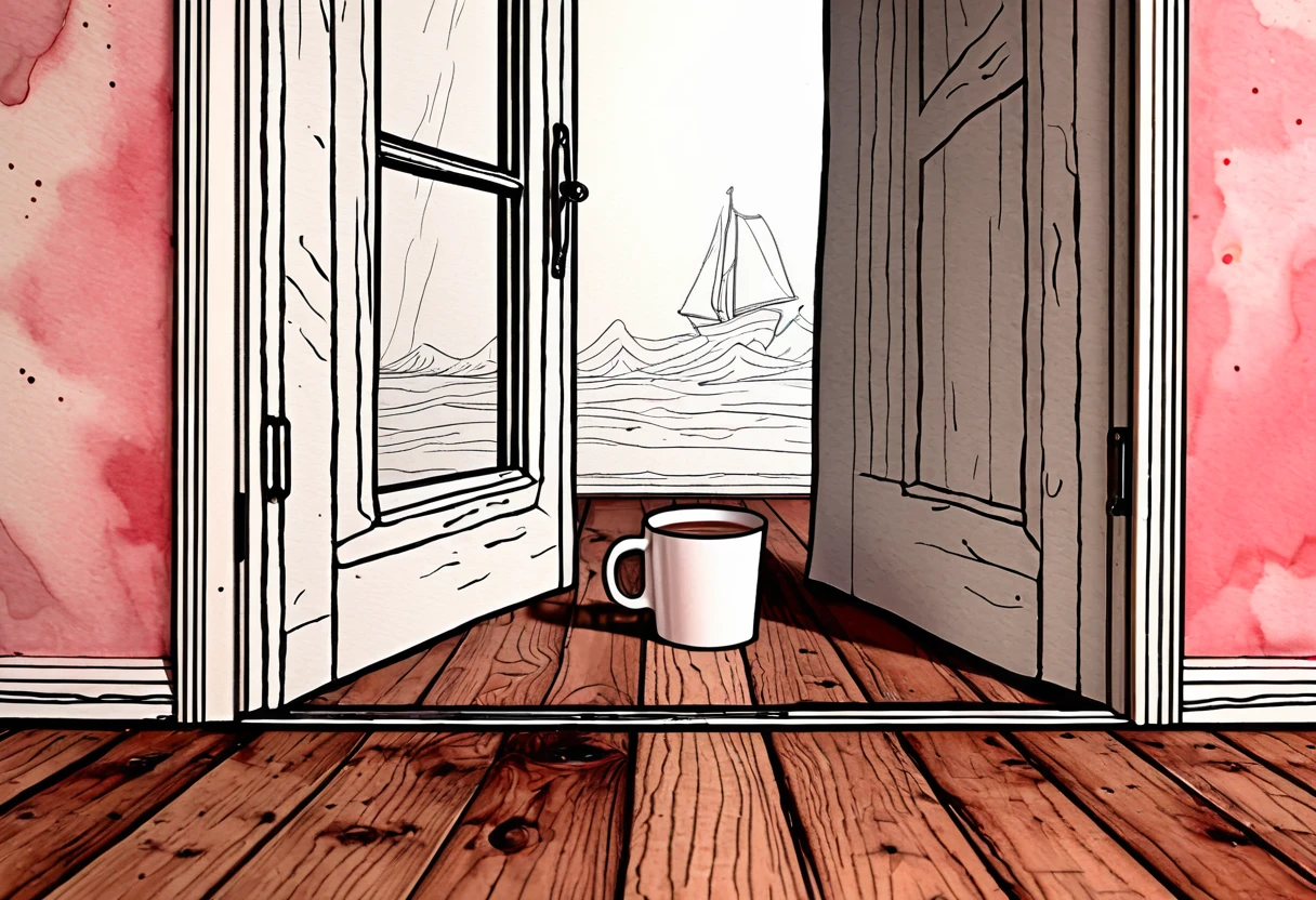A rotoscope photoshopped overlaid Patrick Star peering from outside wooden pane window, detailed view of background obscured by the surprising Patrick Star taking up window view, Patrick Star sipping and holding a mug of steaming coffee with an unsettling, unnaturally large, unfunny smile. A lines only hand drawn expressive ink comic, harsh ink stroke with ink blot and ink drip subtle flourishes, dutch angle cinematic composition framing of a bedroom with wood floors, a bed, a closet, and an open door to a hallway. Each item in the room is made with rotoscope detail realism, every floorboard has a different grain than the next, and every part of the bed frame and bed are detailed as separate connected pieces. The room is full of objects made up of smaller pieces. Subtle watercolor coloring grading shading.