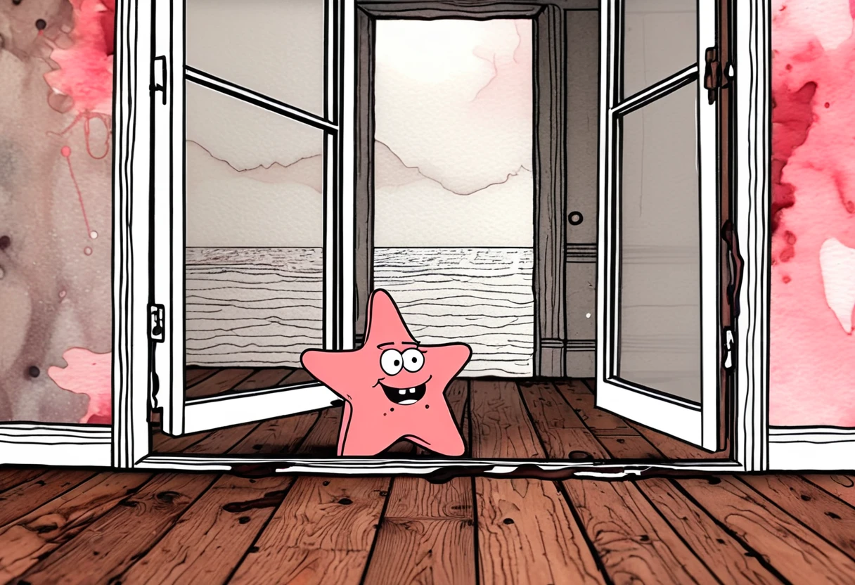 A rotoscope photoshopped overlaid Patrick Star peering from outside wooden pane window, detailed view of background obscured by the surprising Patrick Star taking up window view,  Patrick Star sipping and  holding a mug of steaming coffee with an unsettling, unnaturally large, unfunny smile. A lines only hand drawn expressive ink comic, harsh ink stroke with ink blot and ink drip subtle flourishes, dutch angle cinematic composition framing of a bedroom with wood floors, a bed, a closet, and an open door to a hallway. Each item in the room is made with rotoscope detail realism, every floorboard has a different grain than the next, and every part of the bed frame and bed are detailed as separate connected pieces. The room is full of objects made up of smaller pieces. Subtle watercolor coloring grading shading.
