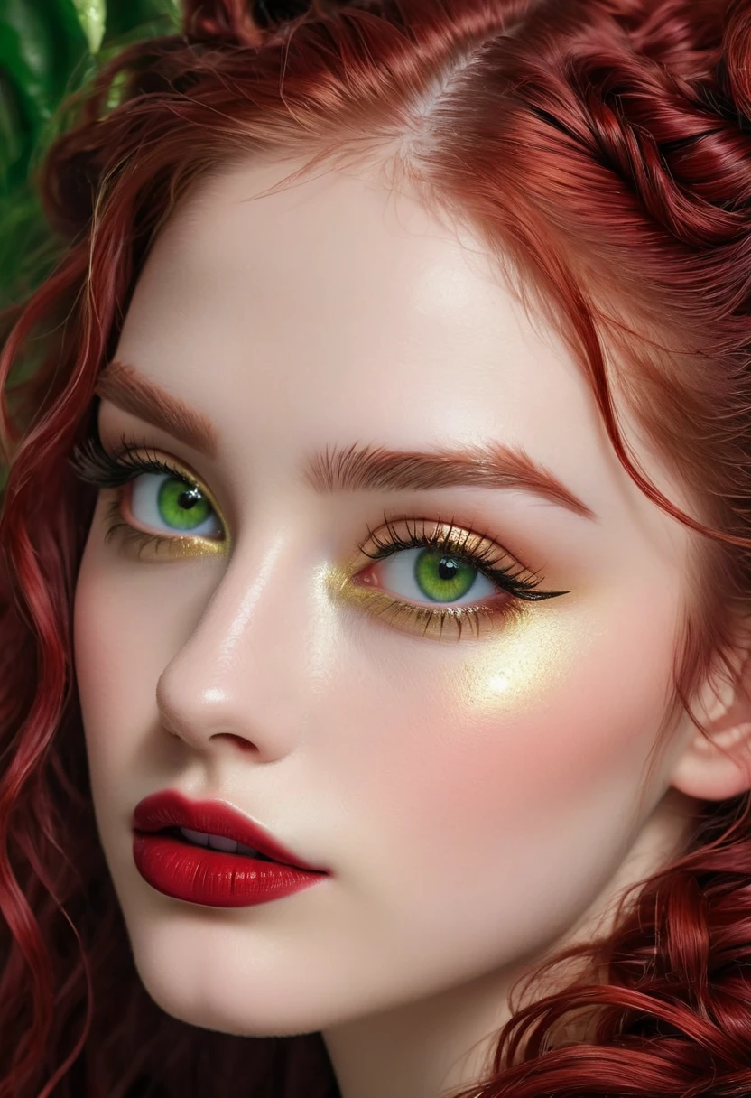 (masterpiece, best quality), ((realistic)), 1girl, solo, (((age 18))), (skin texture:1.1), (skin pores:1.2), (pale skin), (high detail face), ultra-detailed, digital-art,((Raw photo)), ((long curly red hair)), (Big Twin tails), Looking at up, ((Green Gold Eyes)), (Translucent Cornea, luminosity:1.2), ((beautiful and perfect eyes)), Black Eyeliner, thin eyebrows, long eyelashes, ((full lips, lipstick dark cherry ))