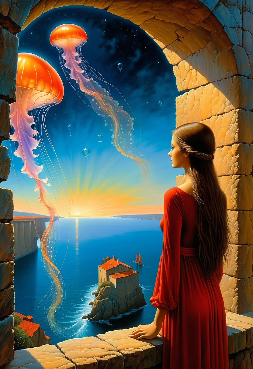 The scenery outside the window,Looking out from the window,Girl looking into the distance at the window,The Faceless Stone Woman on the Bridge,Handheld Light,Background with jellyfish, With the sky as a background, Brome's Art, Magic artwork, super fine, Fantasy Art Surrealism Beksinski