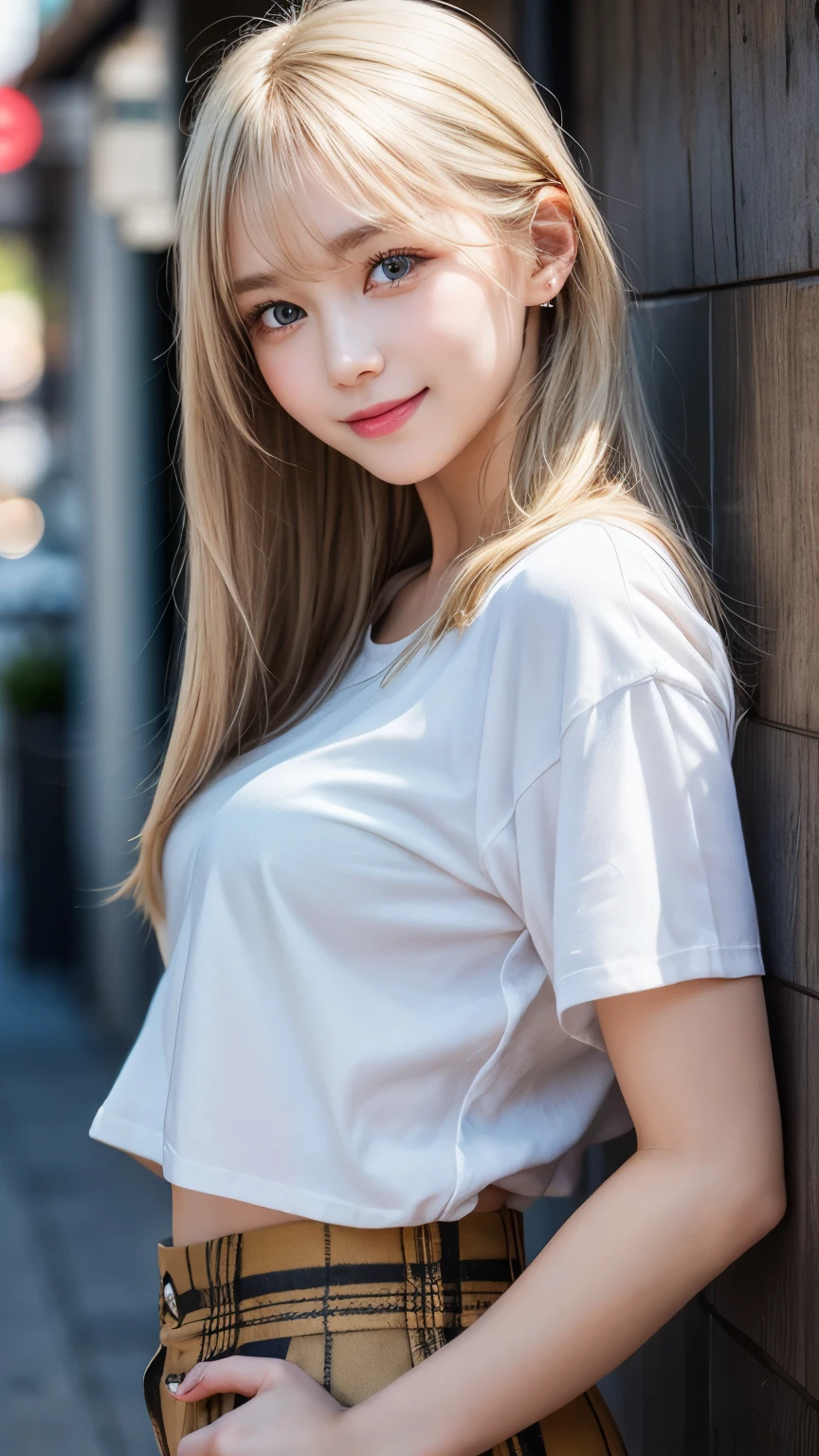 full body shot(8k, photorealistic, RAW photo, highest quality), transparent clarity, Japanese woman, brightest blonde hair, medium-length hair, heavy makeup, light eyebrows, young person's clothing, modest attire, T-shirt, extremely detailed face, double eyelids, sharp focus, beautiful woman, highest quality, masterpiece, ultra-high resolution, (photorealistic), very detailed and professionally lit smile, thin, serious expression, Shibuya, intersection, looking straight ahead, gold-colored contact lenses, ultra-high-definition photo, (beautiful facial details, detailed skin texture, ultra-detailed body)