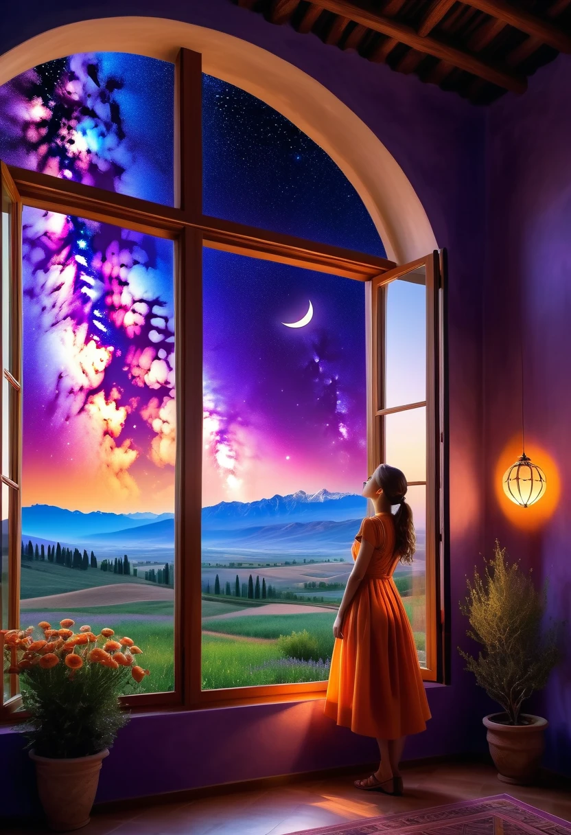 Windows in Roman architectural style,Girl standing by the window,The scenery outside the window,Looking out from the window,vast landscape photos, (A view of the sky and the wilderness below), Standing in the flower field and looking up, (full moon: 1.2), (meteor: 0.9), (nebula: 1.3), distant mountains, The art of tree folding, (Warm light source: 1.2), (firefly: 1.2), lamp, purple and orange, intricate details, Volumetric lightingBREAK (masterpiece: 1.2), (best quality ), 4K, Super detailed, (Dynamic configuration: 1.4), Highly detailed and colorful details (iridescent: 1.2), (sparkling lights, mood lighting), fantastic, magic, (alone: 1.2)