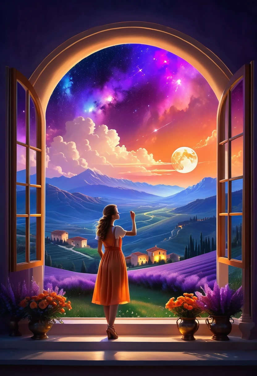  Windows in Roman architectural style，Girl standing by the window，The scenery outside the window，Looking out from the window，vast landscape photos, (A view of the sky and the wilderness below), Standing in the flower field and looking up, (full moon: 1.2), (meteor: 0.9), (nebula: 1.3), distant mountains, The art of tree folding, (Warm light source: 1.2), (firefly: 1.2), lamp, purple and orange, intricate details, Volumetric lightingBREAK (masterpiece: 1.2), (best quality ), 4K, Super detailed, (Dynamic configuration: 1.4), Highly detailed and colorful details (iridescent: 1.2), (sparkling lights, mood lighting), fantastic, magic, (alone: 1.2)