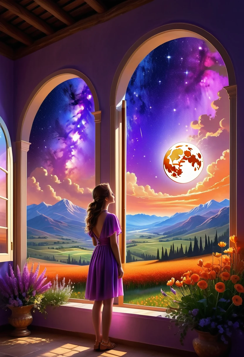 Windows in Roman architectural style,Girl standing by the window,The scenery outside the window,Looking out from the window,vast landscape photos, (A view of the sky and the wilderness below), Standing in the flower field and looking up, (full moon: 1.2), (meteor: 0.9), (nebula: 1.3), distant mountains, The art of tree folding, (Warm light source: 1.2), (firefly: 1.2), lamp, purple and orange, intricate details, Volumetric lightingBREAK (masterpiece: 1.2), (best quality ), 4K, Super detailed, (Dynamic configuration: 1.4), Highly detailed and colorful details (iridescent: 1.2), (sparkling lights, mood lighting), fantastic, magic, (alone: 1.2)