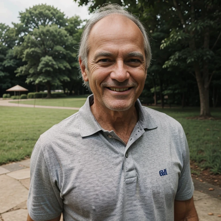 80 years-old man, with grey hair, balding, wearing polo shirts, at a park, smiling, realistic