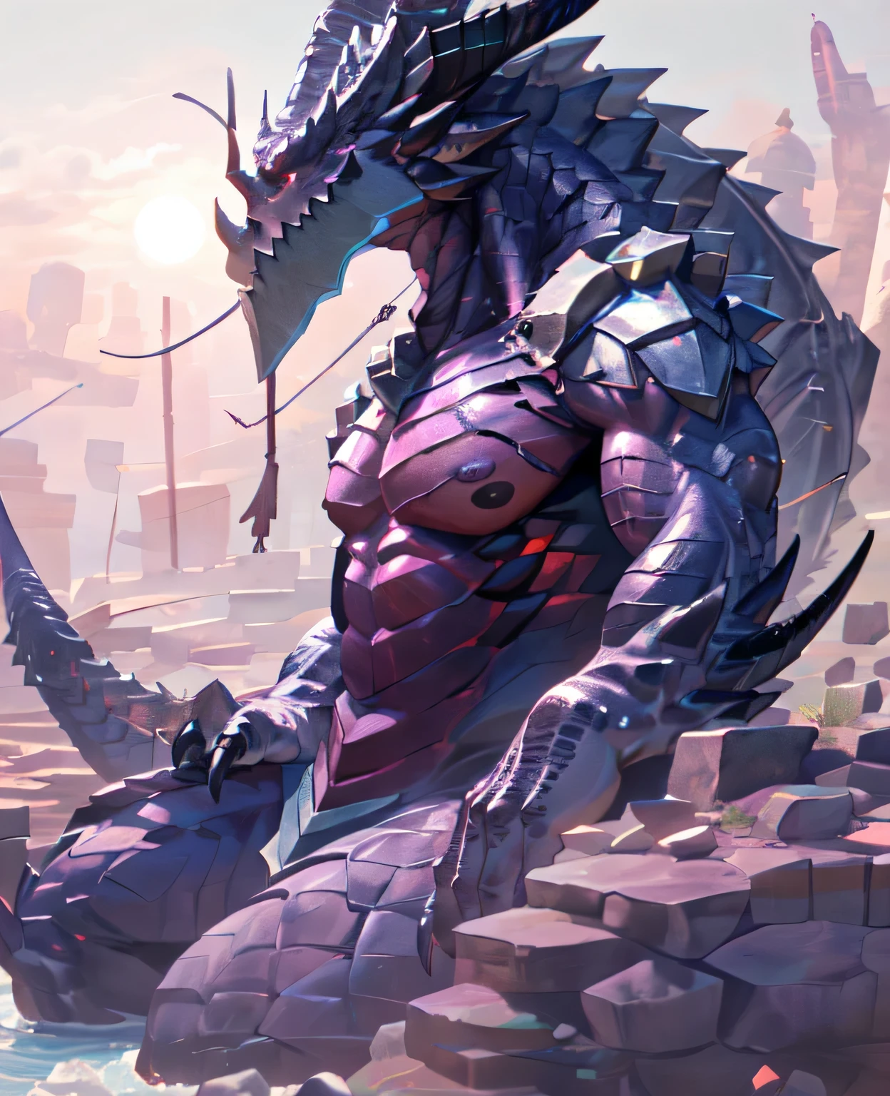 dragon,alone,paw,teeth,crawler,chest muscles, peak, teethAdult,alone,dragon tail,sit down,meditate,4K,best quality,HD,whole body,paw,naked,looking at the audience,chest muscles, pink nipples, Six-pack abs,biceps,pride,soft shadow,majestic,Detailed face,HD eyes,keen vision,Red eyes,eyes sparkling,Gorgeous,brave,confident smile,Strong,Mature,wilderness,ruins,river,Blue sky and white clouds,The sun shines