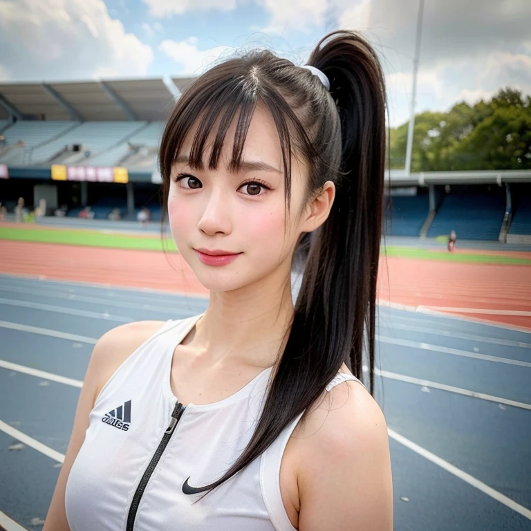 (kawaii 24 year-old Japanese girl, perfect athlete body, Nogizaka idol, Korean idol), (glossy black hair, high ponytail:1.3), (bangs), (rounded face, single eyelid, no makeup, soft smiling:1.2), (wearing track suit:1.3), flat chest, (looking at viewer:1.2), BREAK, (track and field stadium background:1.3), (summer, daytime), sunlight from forward, (dynamic angle:1.3), BREAK, (masterpiece, best quality, photo realistic, official art:1.4), (UHD, 8K quality wallpaper, high resolution, raw photo, film grain, golden ratio:1.2), (shiny skin), professional lighting, physically based rendering, award winning, (perfect anatomy, highly detailed skin textures, extremely detailed face and eyes, well drawn glittering pupils), Carl Zeiss 85 mm F/1.4, depth of field, 1girl, solo,