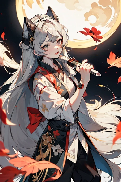 8K, masterpiece, highest quality, night, full moon, 1 girl, Chinese style, chinese architecture, mature woman, younger sister, silver white long haired woman, long hair, pale pink lips, Calm, Reasonable, bangs, gray pupil, assassin, fan, knife fan, Dance of petals, delicate face