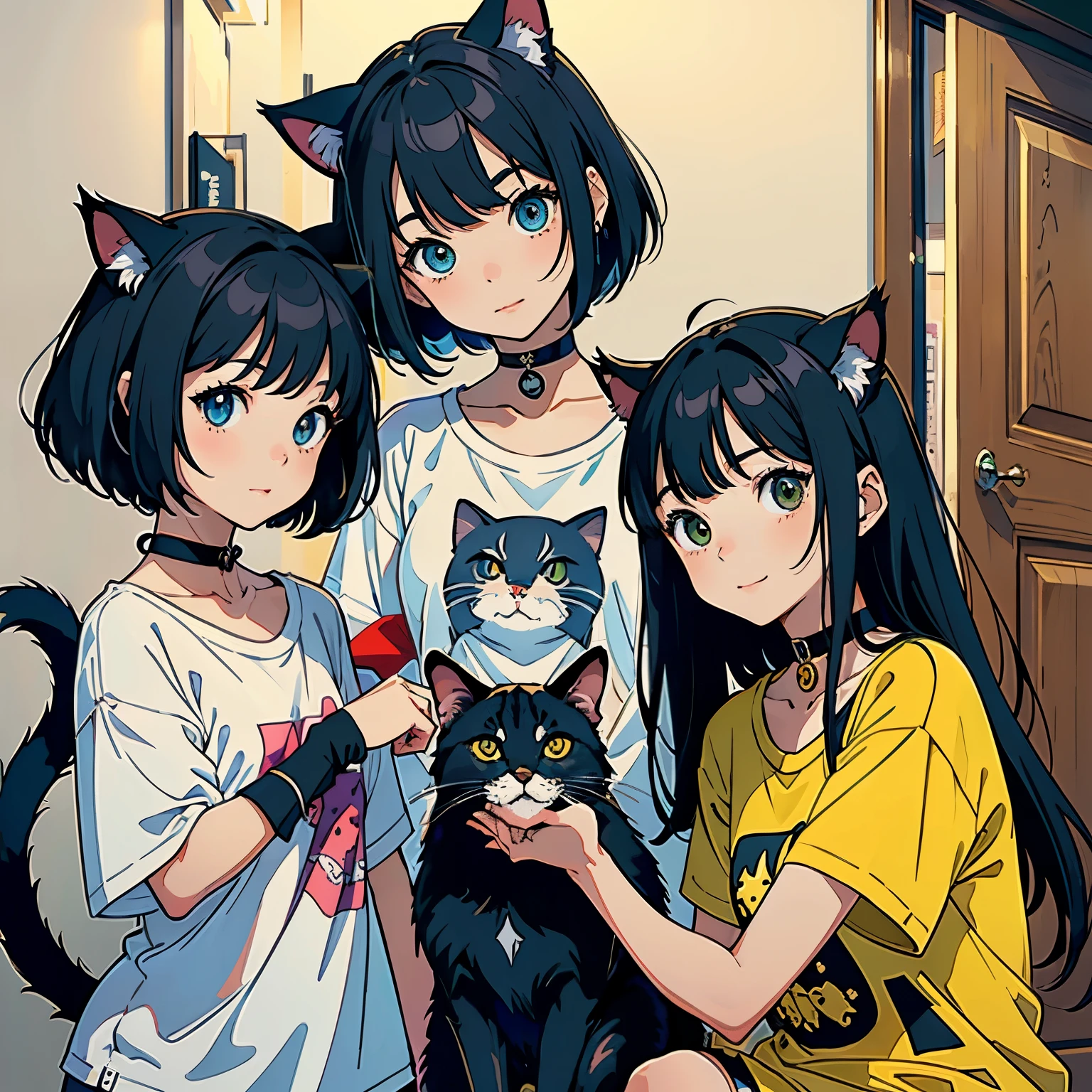 (highest quality, masterpiece, High resolution)、(anime art)、,cinematic light、soft light、(two girls)、black hair、(Striped cat costume)、(Three-color cat costume)、(loose t-shirt)、(Loose shirt)、Cat ear、bob cut、semi-long、hair ornaments、choker、enchanting smile、small breasts、(cat pose)、(Playful gestures)、Cat jarashi、((white background))、