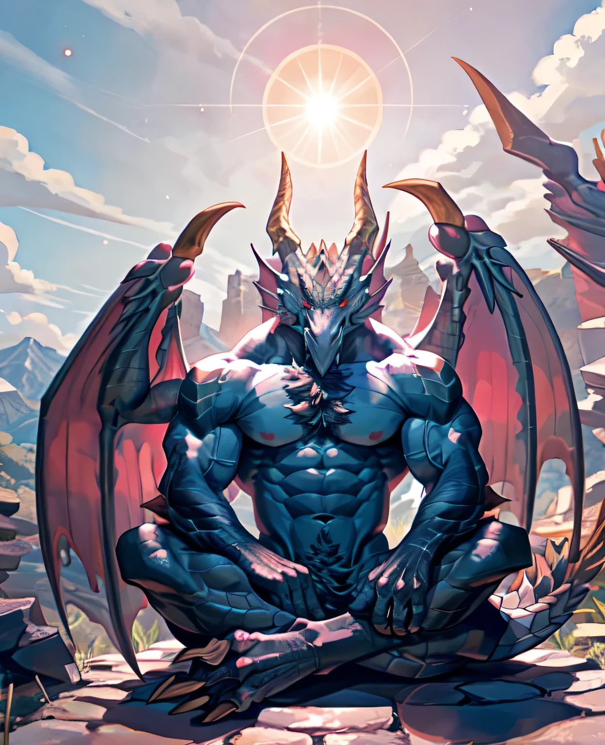 dragon,alone,paw,teeth,crawler,chest muscles, peak, teethAdult,alone,dragon tail,sit down,meditate,4K,best quality,HD,whole body,paw,naked,looking at the audience,chest muscles, pink nipples, Six-pack abs,biceps,pride,soft shadow,majestic,Detailed face,HD eyes,keen vision,Red eyes,eyes sparkling,Gorgeous,brave,confident smile,Strong,Mature,wilderness,ruins,river,Blue sky and white clouds,The sun shines