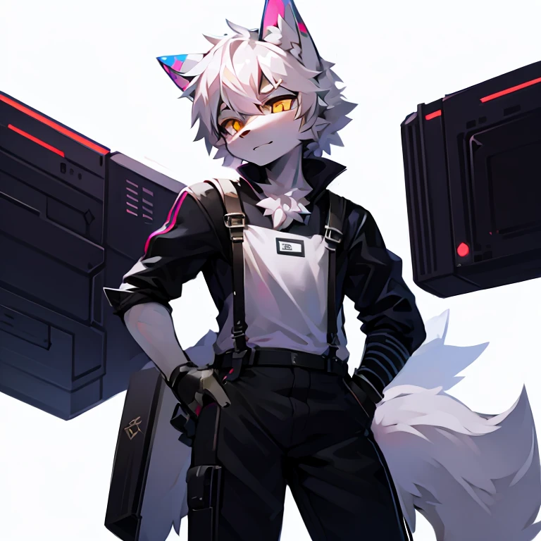 cyber punk perssonage,epcot,Tech style,solo person,White body,White ears,White hair,Overall white,Orange-yellow eyes,Wolf tail,Wolf orcs,Young,Wear a short-sleeved shirt,Ultra-clear screen,Soft lines