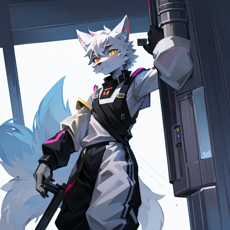 cyber punk perssonage，epcot，Tech style，solo person，White body，White ears，White hair，Overall white，Orange-yellow eyes，Wolf tail，Wolf orcs，Young，Wear a short-sleeved shirt，Ultra-clear screen，Soft lines