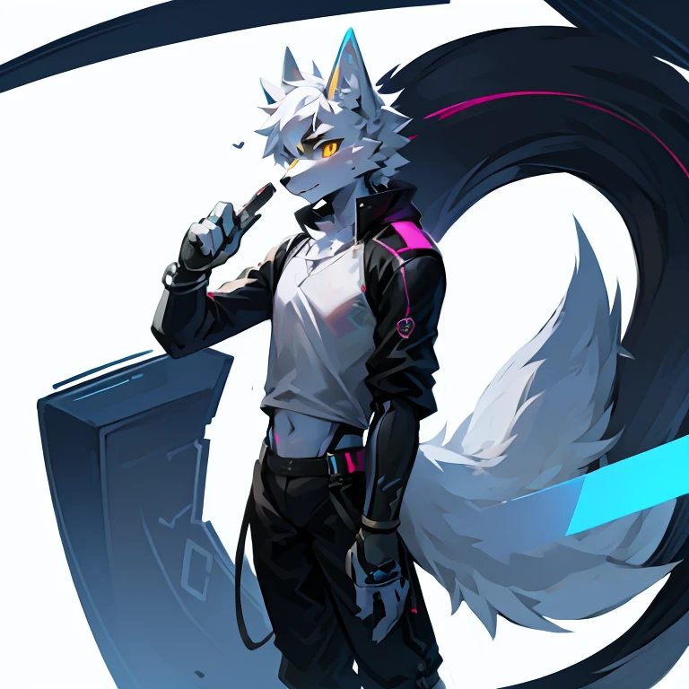 cyber punk perssonage,epcot,Tech style,solo person,White body,White ears,White hair,Overall white,Orange-yellow eyes,Wolf tail,Wolf orcs,Young,Wear a short-sleeved shirt,Ultra-clear screen,Soft lines
