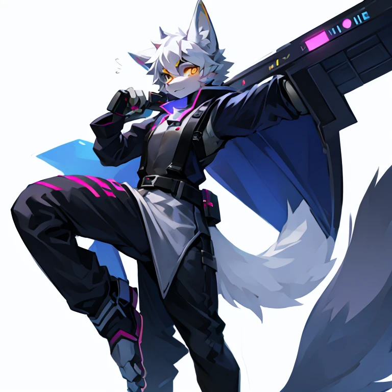 cyber punk perssonage,epcot,Tech style,solo person,White body,White ears,White hair,Overall white,Orange-yellow eyes,Wolf tail,Wolf orcs,Young,Wear a short-sleeved shirt,Ultra-clear screen,Soft lines