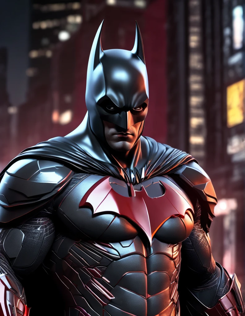 An experimental fusion of Iron Batman, a detailed photorealistic new breed of superhero, insanely detailed and intricate figure and high-tech costume, dark cement grey and dark red dual tone colored, dark toned, night metro gotham background, volumetric lighting, unreal engine 5, with some neon lights