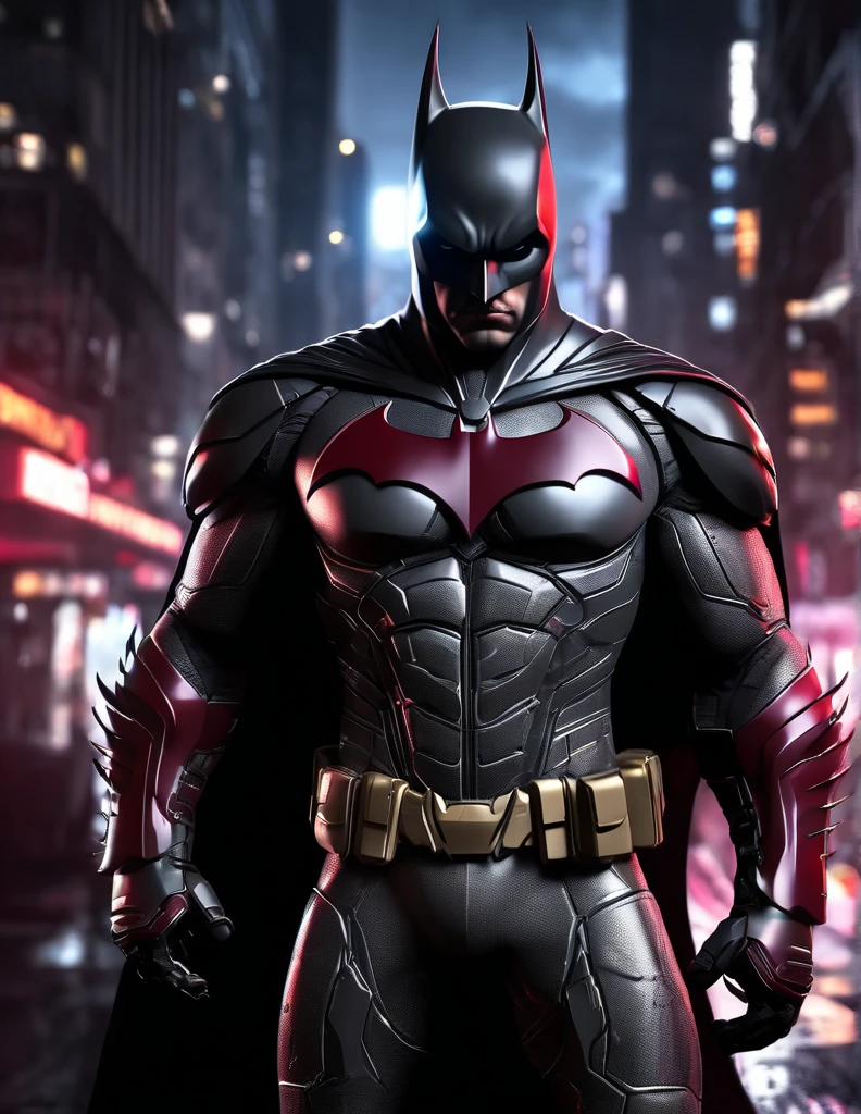 An experimental fusion of Iron Batman, a detailed photorealistic new breed of superhero, insanely detailed and intricate figure and high-tech costume, dark cement grey and dark red dual tone colored, dark toned, night metro gotham background, volumetric lighting, unreal engine 5, with some neon lights