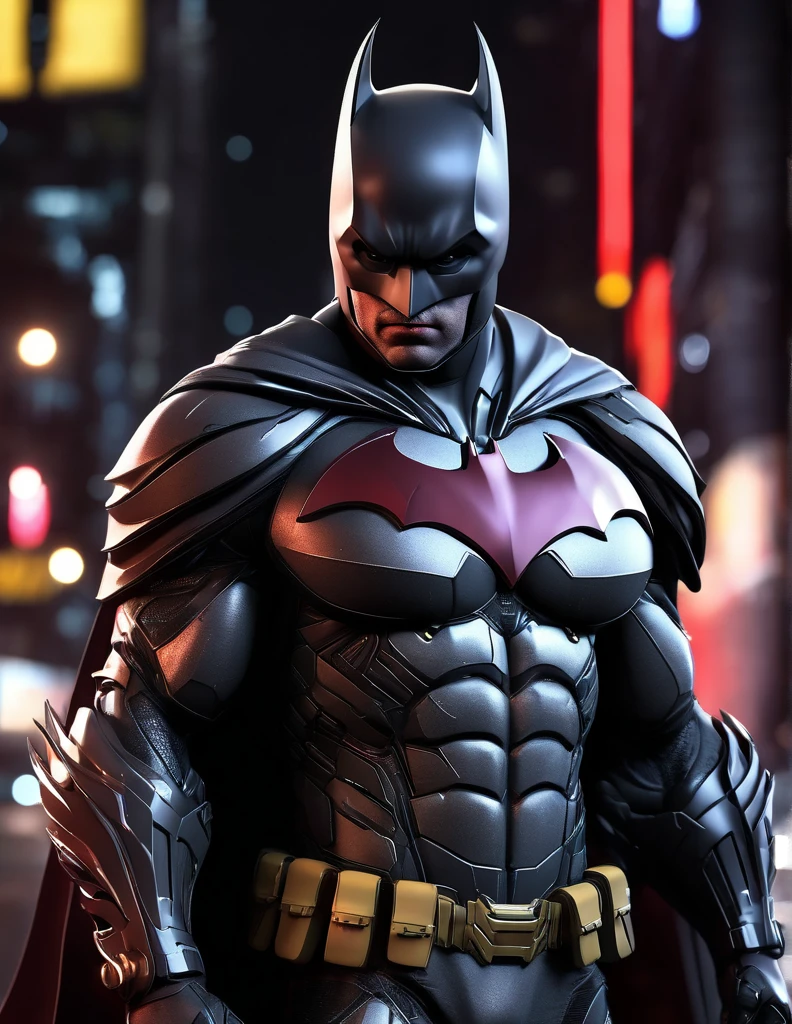 An experimental fusion of Iron Batman, a detailed photorealistic new breed of superhero, insanely detailed and intricate figure and high-tech costume, dark cement grey and dark red dual tone colored, dark toned, night metro gotham background, volumetric lighting, unreal engine 5, with some neon lights