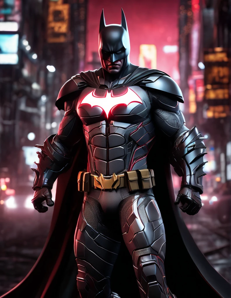 An experimental fusion of Iron Batman, a detailed photorealistic new breed of superhero, insanely detailed and intricate figure and high-tech costume, dark cement grey and dark red dual tone colored, dark toned, night metro gotham background, volumetric lighting, unreal engine 5, with some neon lights