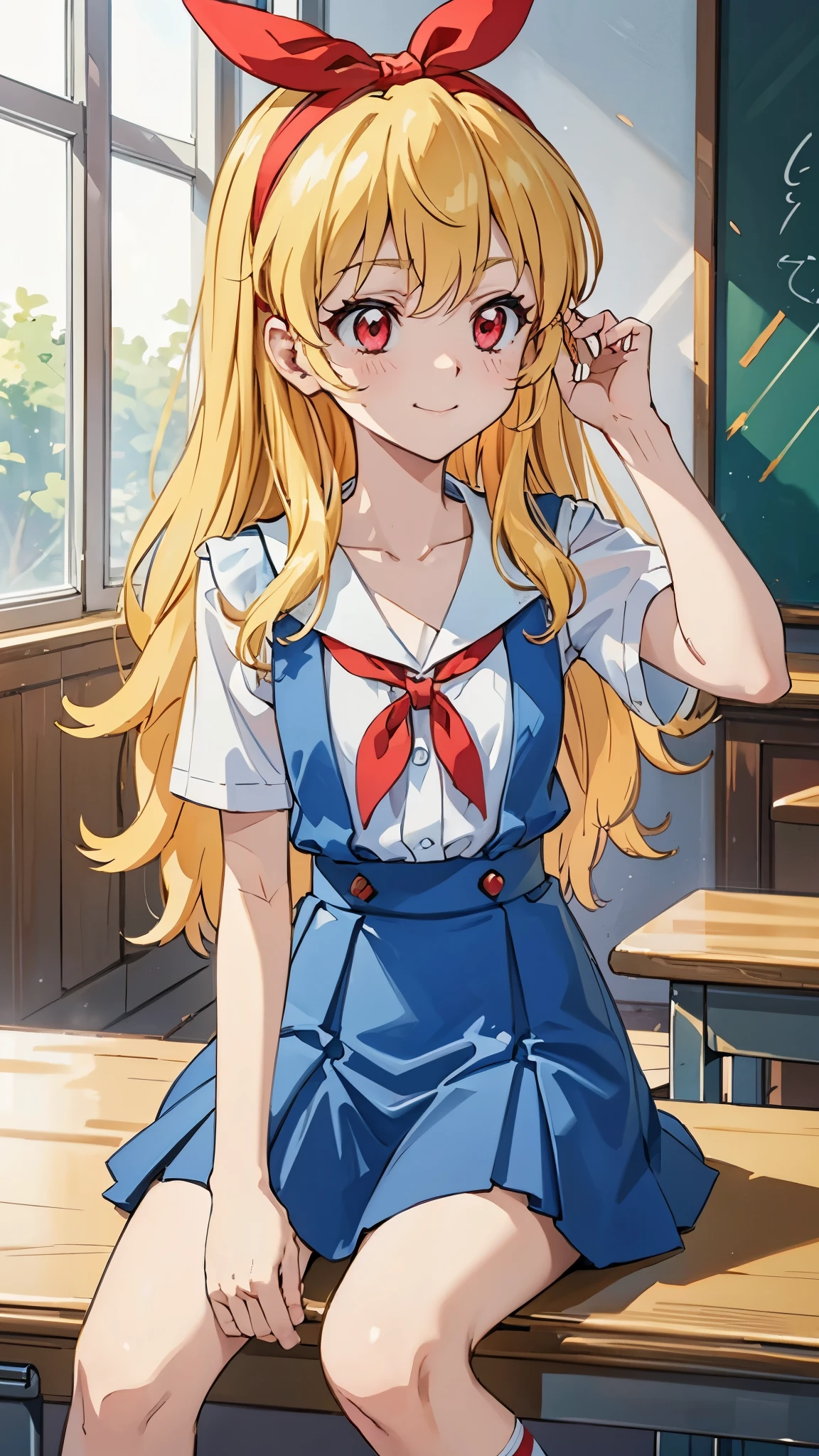 (red ribbon on hairband:1.2),（8K, best quality, muste piece:1.2)、ultra high resolution,1 very cute girl,hosimiya ichigo,ultra-detailed face, detailed eyes,RED eyes,,White sailor collar plain short sleeve shirt,light blue skirt,Light blue suspenders,uniform_red ribbon,Blonde Hair,long hair、detailed hand fingers,hand in own hair,smirk、sitting in a chair,desk in front of her,,classroom