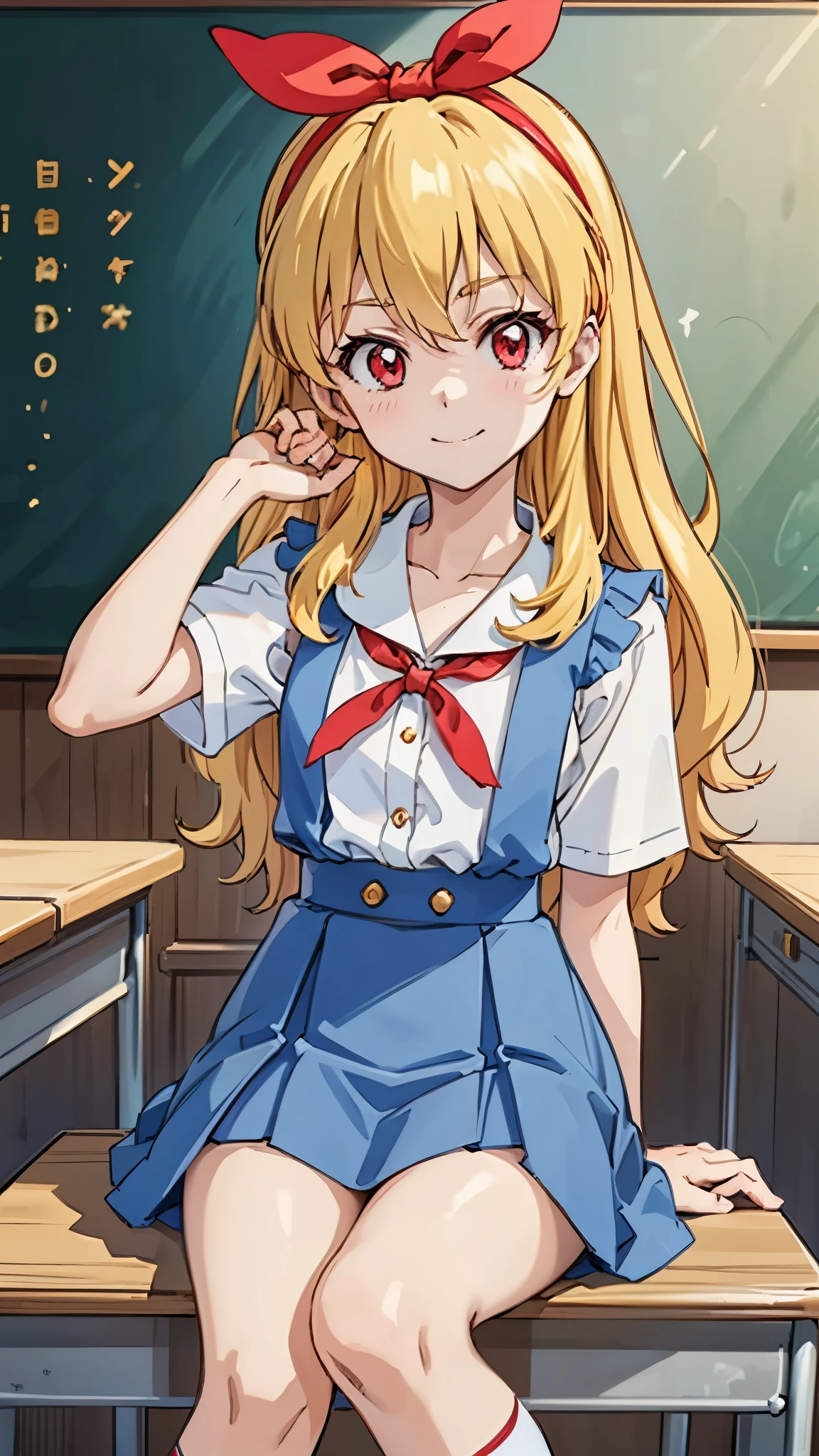 (red ribbon on hairband:1.2),（8K, best quality, muste piece:1.2)、ultra high resolution,1 very cute girl,hosimiya ichigo,ultra-detailed face, detailed eyes,RED eyes,,White sailor collar plain short sleeve shirt,light blue skirt,Light blue suspenders,uniform_red ribbon,Blonde Hair,long hair、detailed hand fingers,hand in own hair,smirk、sitting in a chair,desk in front of her,,classroom