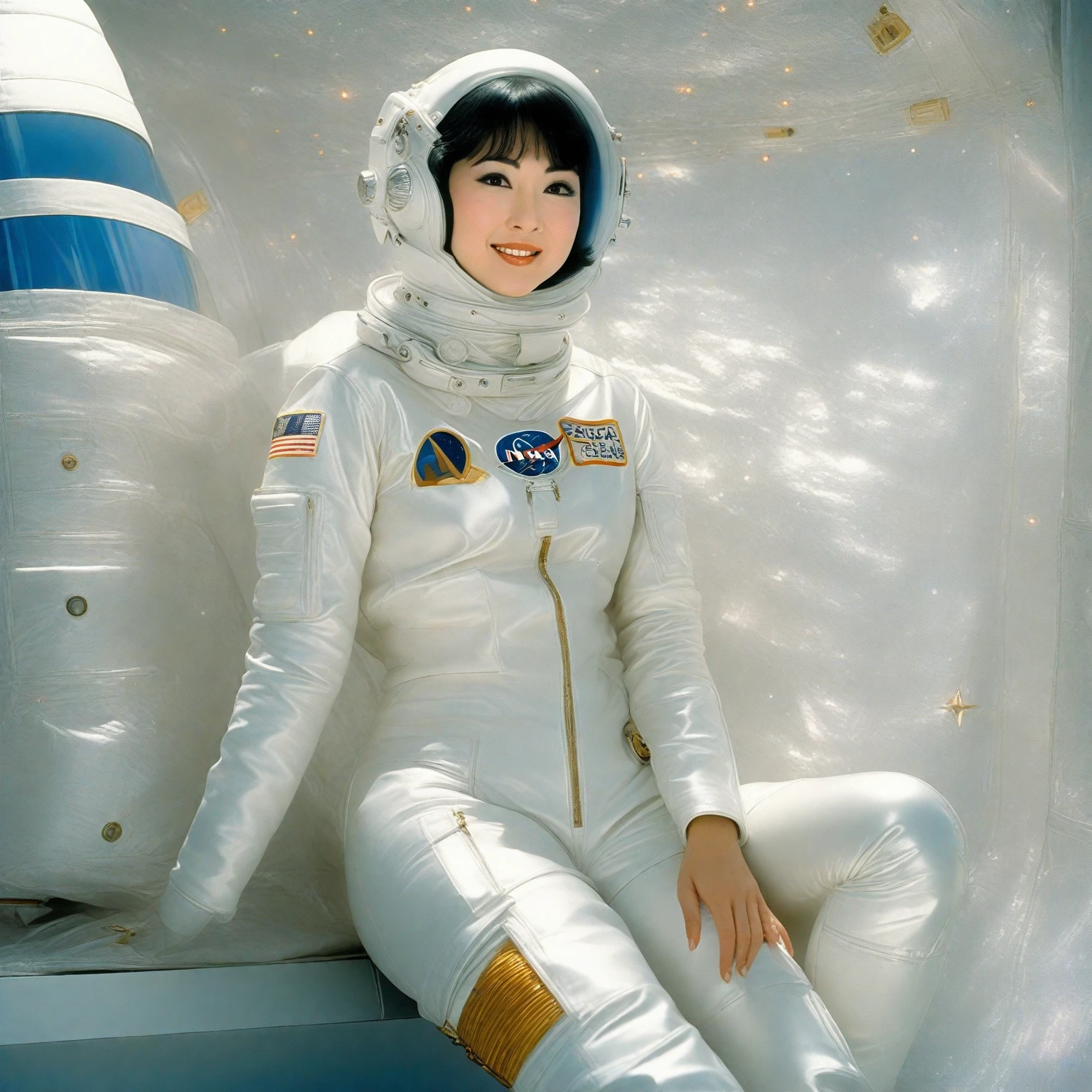 Arabian woman in white space suit sitting on bench, In a space suit, wearing a space suitいる, NASA, space girl, Kazue Kato, Space Girl in the 1960s, powerful woman sitting in space, woman astronaut, wearing a space suit, akiko takase, Space Molly, Wearing a spacesuit, Wear a spacesuit and helmet