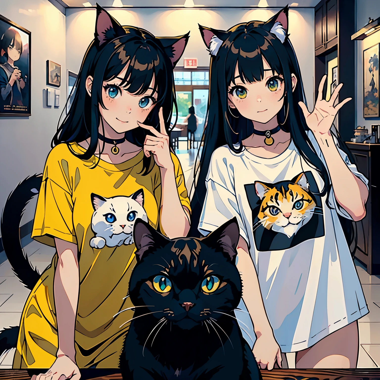 (highest quality, masterpiece, High resolution)、(anime art)、,cinematic light、soft light、(two girls)、black hair、(Striped cat costume)、(Three-color cat costume)、(loose t-shirt)、(Loose shirt)、Cat ear、bob cut、semi-long、hair ornaments、choker、enchanting smile、small breasts、(cat pose)、(Playful gestures)、Cat jarashi、((white background))、