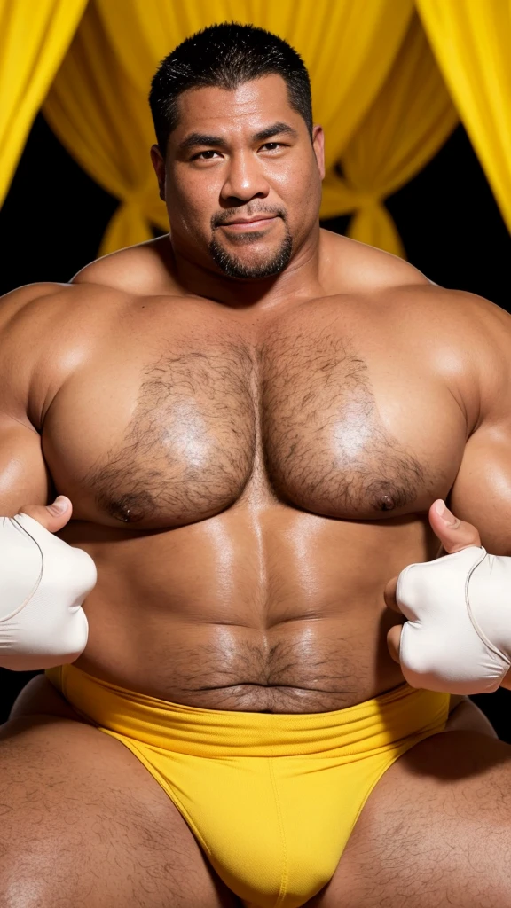 black hair, middle-aged man, individual, male, Muscular wrestler, muscular, Stout wrestler, Asian, Japanese, uncle, 55 year old middle-aged man, short hair, short hair, yellow wrestling boots, full body portrait, shadow, Vision, yellow briefs, obesity, 45 years old, short beard, middle-aged man, tattoo, fingerless gloves, Wheat skin, shiny skin, dark skin, Show your pectoral muscles, sumo wrestler, bodybuilder, wide temples, Visible abdominal muscles, Smile, Fine hands, solid color background, pure white background, Surrealism, Panorama, 8k, super detail,