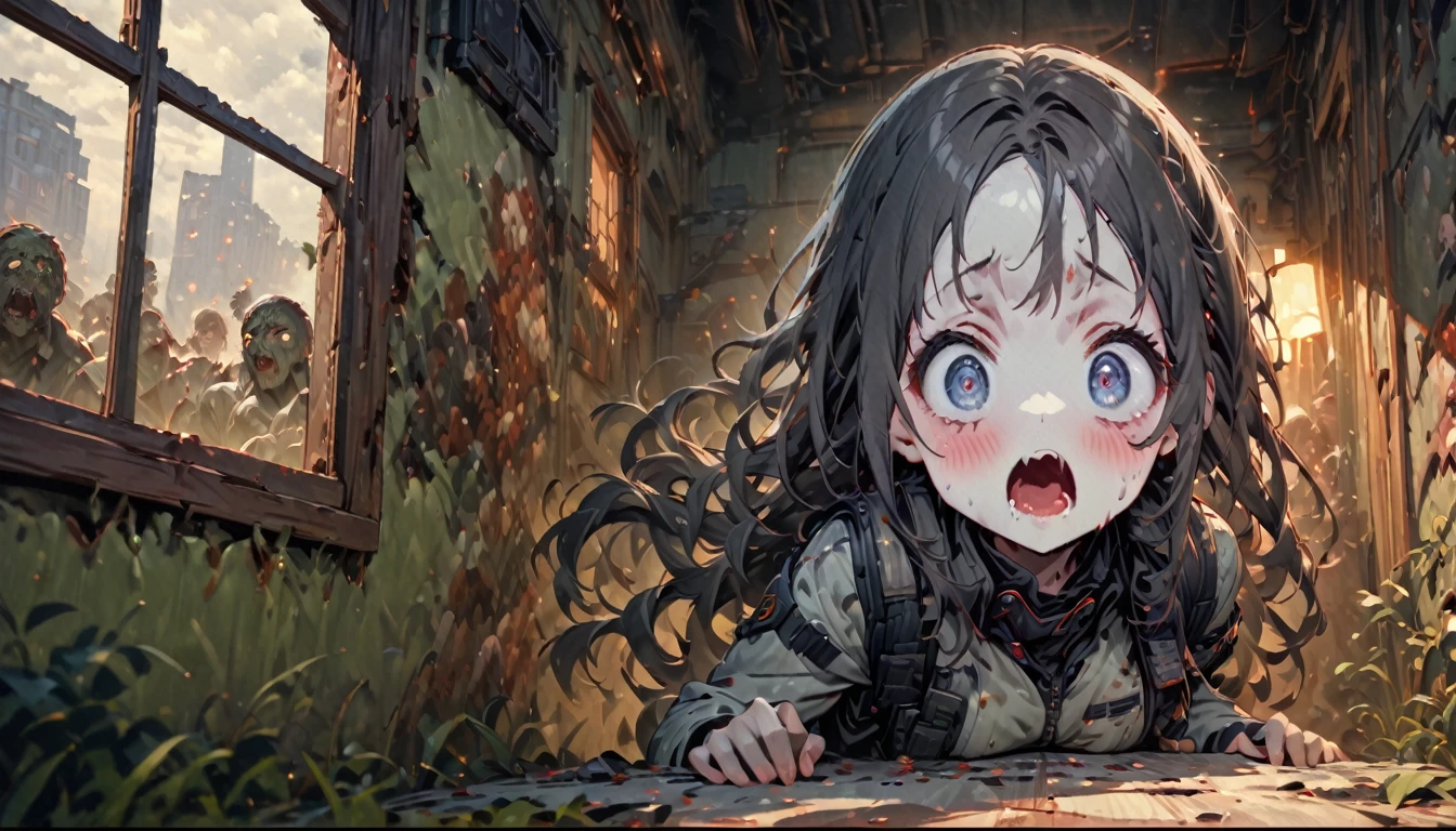 #quality(8k,wallpaper of extremely detailed CG unit, ​masterpiece, hight resolution, top-quality, top-quality real texture skin,hyper realisitic, digitial painting,increase the resolution,RAW photosbest qualtiy,highly detailed,the wallpaper),#1girl(cute, kawaii,small kid,black hair,long hair,eye color cosmic,big eyes,pale skin,breast,detailed face,scared,tactical suite,1girl is seeking outside from the window,1girl is hiding in a room,full body),#background(1girl is in a room and no zombies in a room,you can see many zombies from big windows of the room,room is closed),