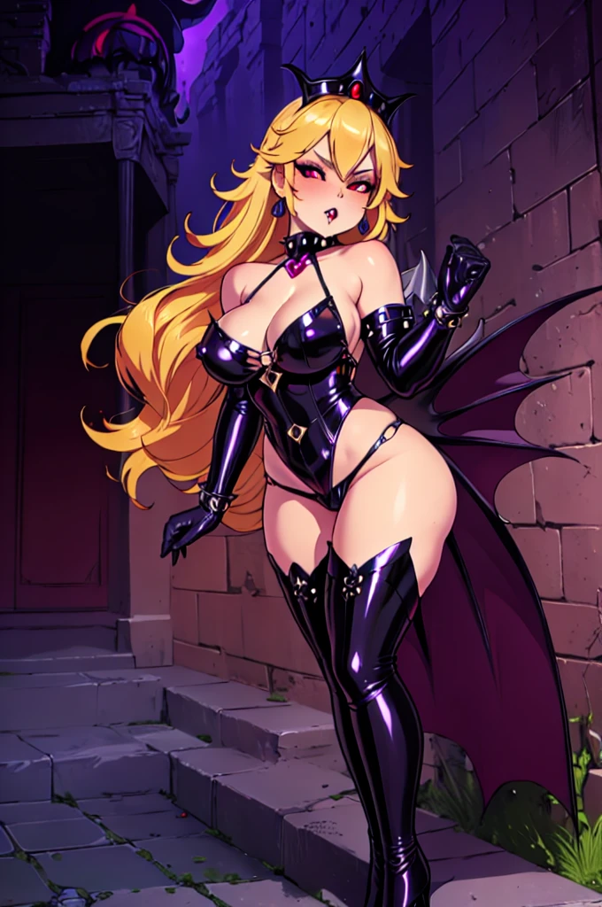 nsfw, cartoon, (solo evil fall princess peach), shadow queen, bowser peach, (official art:1.4), amazing fine details, all intricate, gloss and shiny, awesome many layers, 8k wall paper, sketch, illustration, weird hair, boots, high heel boots, high heels, (solo, solo focus, ) +++,thigh boots, thighhigh boots, blonde hair,evil red eyes, fingerless gloves, gloves, tight clothing, evil grin, spiked bracelet, spiked armlet, spiked thighlet, spiked platform boots, spiked collar, belt, bangs, skintight, milf, full body, curvy, voluptous, chubby, big breast, (((((evil, dark persona, corruption, evil fall, bad end, )))), contrapposto, bimbo, wet pussy, areolae, piercing, blond hair, spiked armlet, earrings, dynamique pose, gyaru, bowser tattoo, slavegirl, chains, fishnet shirt, spiked ring, (intricate details:1.12), (intricate details, hyperdetailed:1.15), hdr, dungeon, (at night:1.2), fireplace, warm light, dramatic light, cinematic,creepy dungeon, dark aesthetic, goth aesthetic, creepy, ominous background, dark atmosphere, death atmosphere, green and red atmosphere, evil dungeon background, gothique