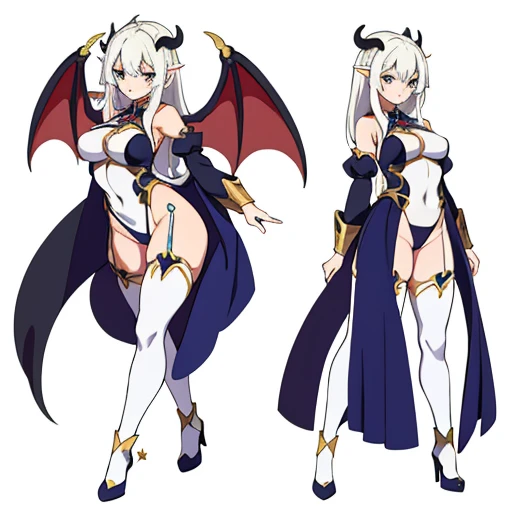 masterpiece, best quality, cute eyes, 1girl, solo, high fantasy costume, ((white background)), full body, multiple views, leotard, succubus, dragon horn, detached sleeves,
