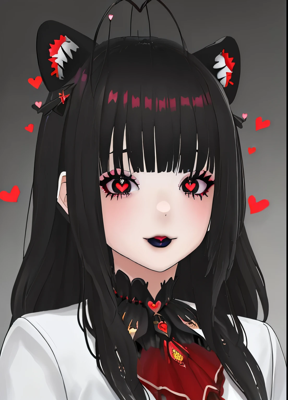 ((Mejor calidad)), ((muy detallado)), obra maestra, absurdos, cara detallada, hermoso rostro, (1 chica), trance yandere, yandere, manos en la propia cara, manos en sus propias mejillas, Espeluznante, flequillo desordenado, pelo largo y desordenado, PELO NEGRO, orejas de gato, sonriente, black lipstick, gran angular, en forma de corazon_alumnos, tan, Ojos Humeantes, mask, delineador de ojos, rubor, heart-shaped_pupils