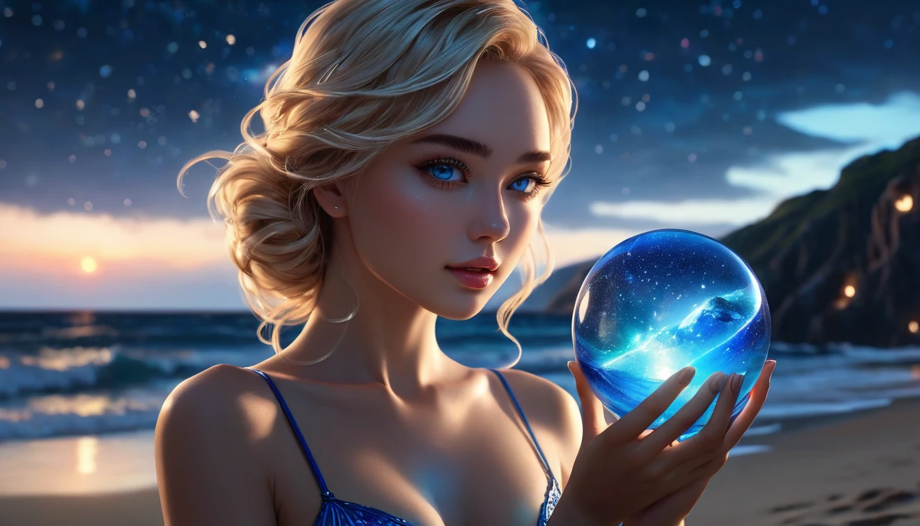 On the beach at night, a girl in a blue bikini holds a small glass ball in two hands and looks at it, emitting the glow of a galactic storm. galaxy inside the ball, Her presence emits a shimmering aura, seamlessly merging with the ethereal manifestation within the sphere. Sand, sea and stars converge in a scene of surreal beauty where the earthly meets the heavenly in a harmonious embrace. A luminous magic aura forms around the girl. Profile Angle. Young adult, [Nordic:Icelandic:0.5], age 25, Hourglass elongated sexy fitness body, perfect Olive skin, Oval Face, Long neck, Rounded shoulders, long slim fitness arms, Attached Pointed ears, round forehead, Short blonde Beach Waves pixie haircut Parting centre hair, snub nose, Arched Thin eyebrows, Monolid Eyes, High Round Narrow Symmetrical cheekbones, Dimpled Cheeks, Rounded Chin, Rounded Jawline, Fine Puppet Wrinkles, Smooth Nasolabial Folds, Full nude Lips, (blue eyes), Nude Makeup Look, 8k, vray, IMax, hyperrealism, perfect light, bokeh Carl Zeiss 85mm, small depth of field, photorealistic, masterpiece, high resolution, best quality, cinematic shot, ultra-detailed, super realistic, Hyperrealistic art, high-quality, ultra high res, highest detailed, lot of details, Extremely high-resolution details, photographic, realism pushed to extreme, incredibly lifelike,

atmospheric perspective (focus on face),
realistic skin, soft light, detailed skin, colourful, soft cinematic light, 
