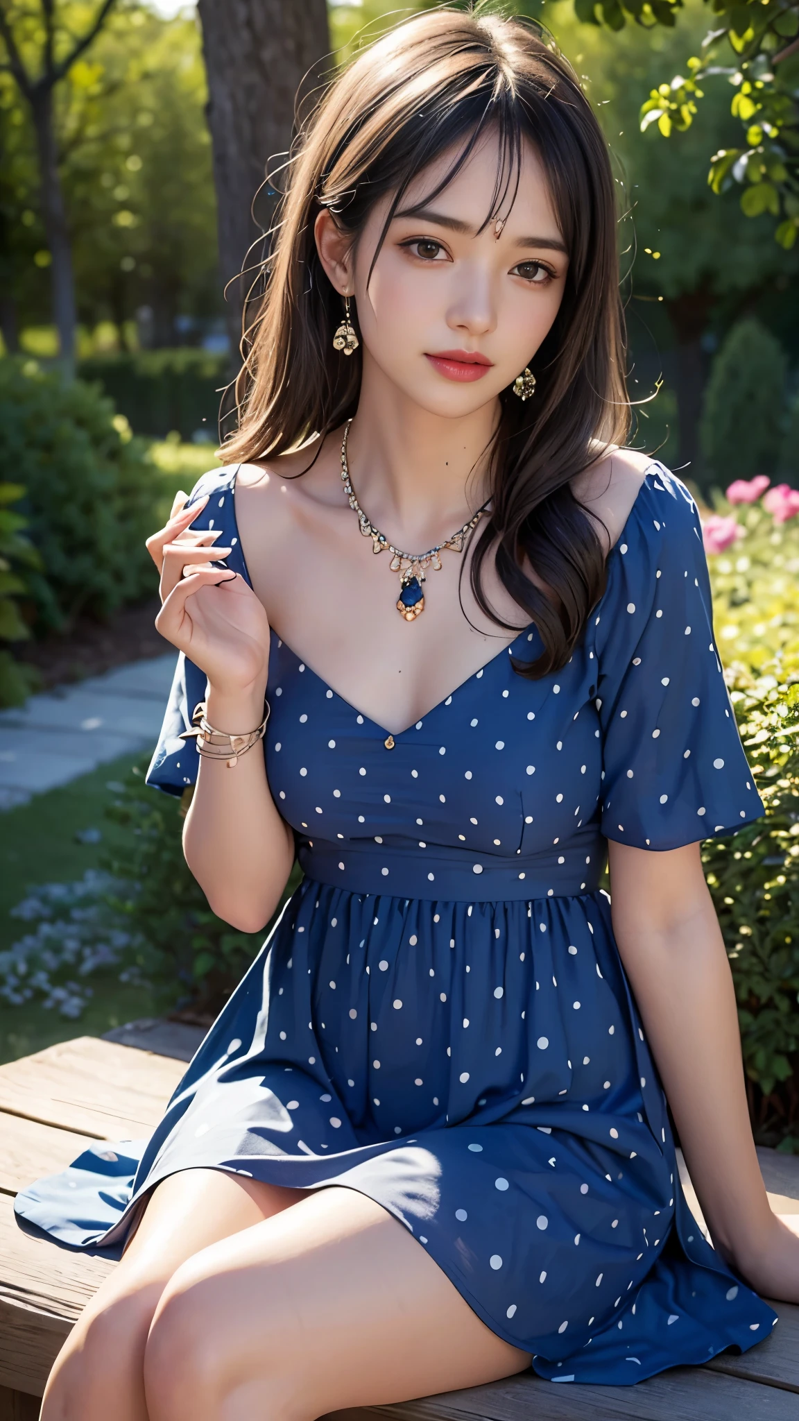 best quality, masterpiece, 1girl, (polka dot dress), (indigo dress), hair ornament, necklace, (jewellery:1.8), Beautiful face, small breasts, tyndall effect, photorealistic, rim lighting, two tone lighting, (high detailed skin:1.2), dslr, (spreading light:1.5) soft lighting, high quality, volumetric lighting, candid, in the garden, Photograph, high resolution, 4k, 8k, Bokeh, sitting, cute selfie pose,