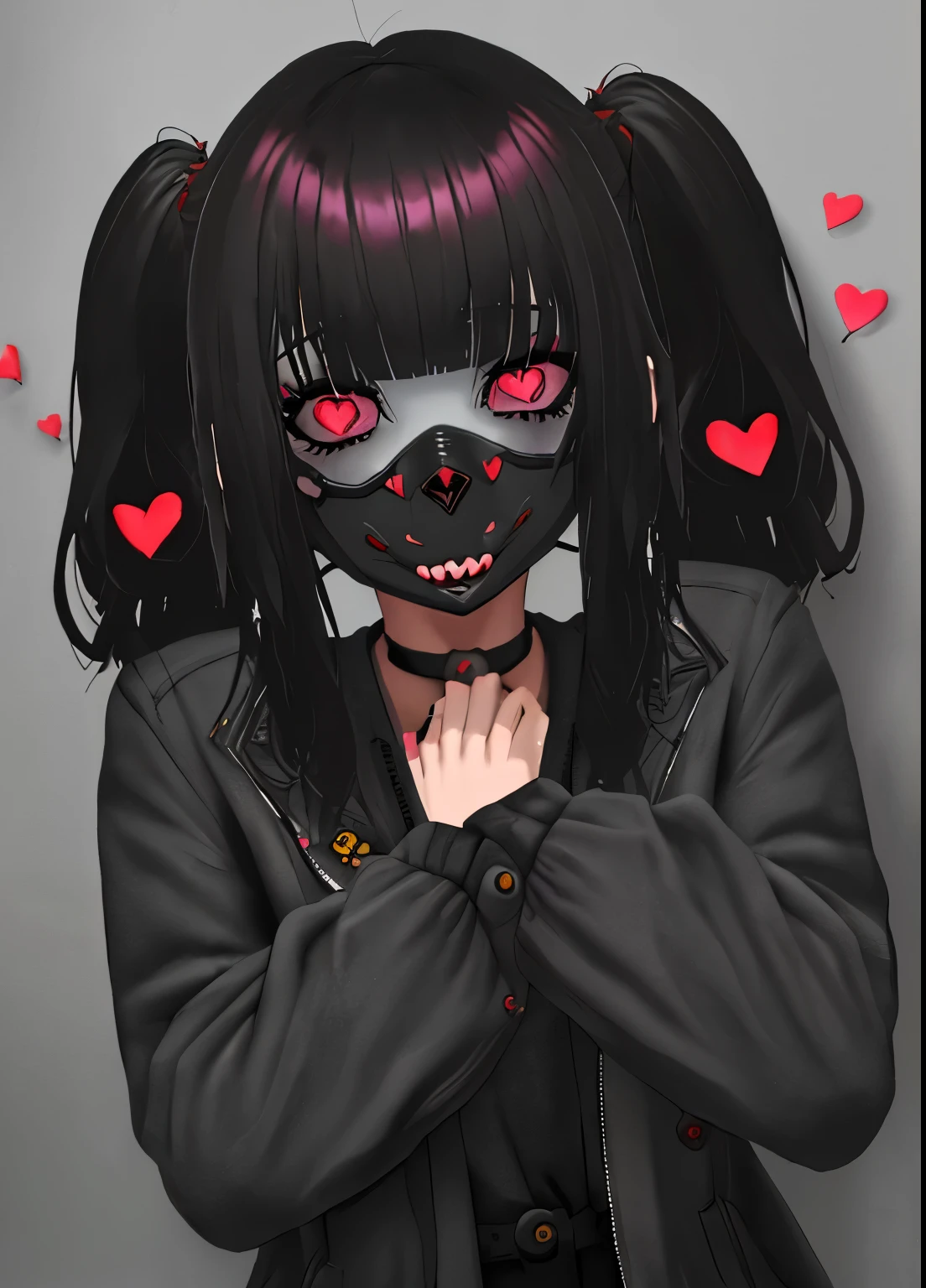 ((Mejor calidad)), ((muy detallado)), obra maestra, absurdos, cara detallada, hermoso rostro, (1 chica), trance yandere, yandere, manos en la propia cara, manos en sus propias mejillas, Espeluznante, flequillo desordenado, pelo largo y desordenado, PELO NEGRO, orejas de gato, sonriente, black lipstick, gran angular, en forma de corazon_alumnos, tan, Ojos Humeantes, mask, delineador de ojos, rubor, heart-shaped_pupils