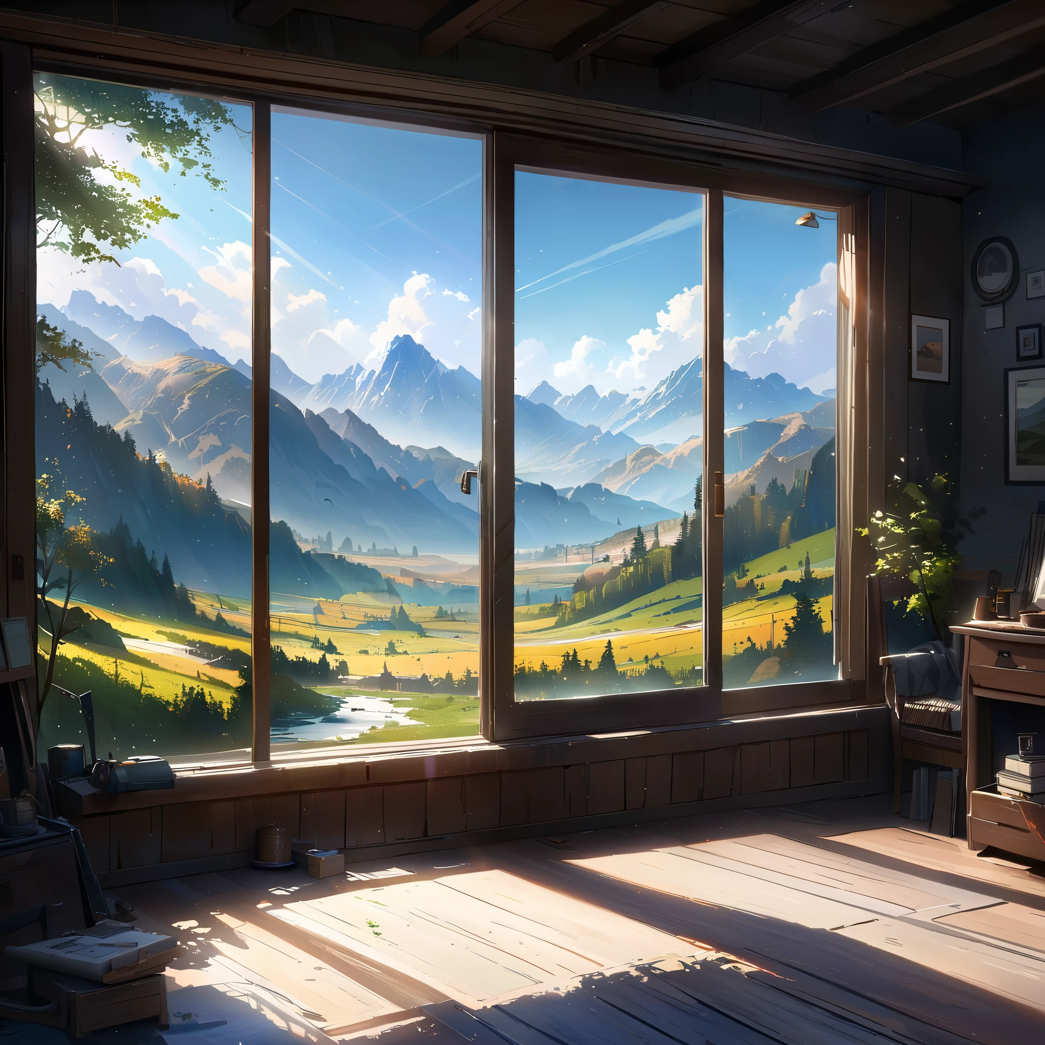 Beautiful landscape outside the window,sunlight streaming through the window,swaying trees outside the window,distant rolling mountains,blue sky and white clouds,tranquil and beautiful,ultra-detailed,highres,masterpiece:1.2,realistic,studio lighting,vivid colors