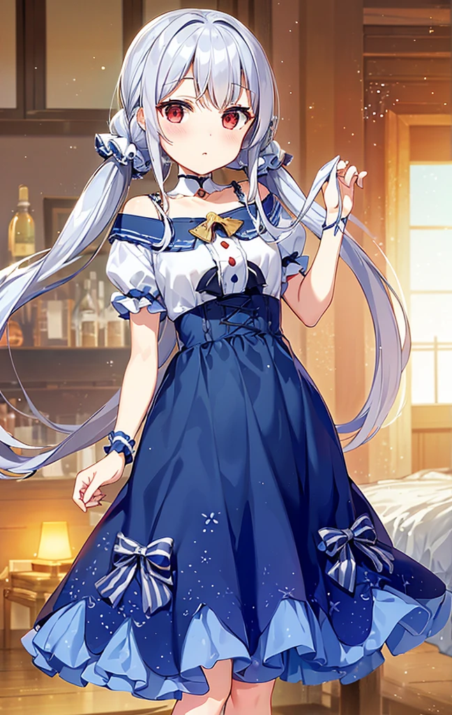 18-year-old,highest quality,very delicate illustration,masterpiece,Delicate red eyes,gray hair,low twintails,White ribbon hair fastening,Medium breasts,anime girl in a blue dress, azur lane style, my dress up darling anime, From the Azur Lane video game, splash art anime,moon themed costume, , astral witch clothes,A small bridge over a stream,water droplets,cowboy shot
