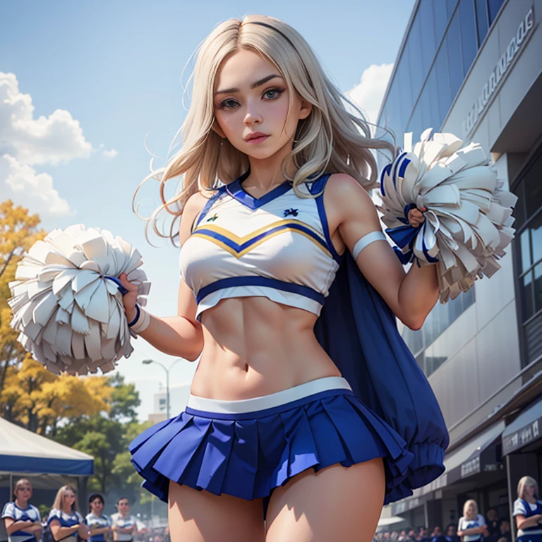 Masterpiece, best quality, detailed face, woman, platinum hair, college cheerleader uniform, midriff, standing, holding pom poms, one pom in each hand, blue skirt, in front of the college campus, looking at viewer, neutral face