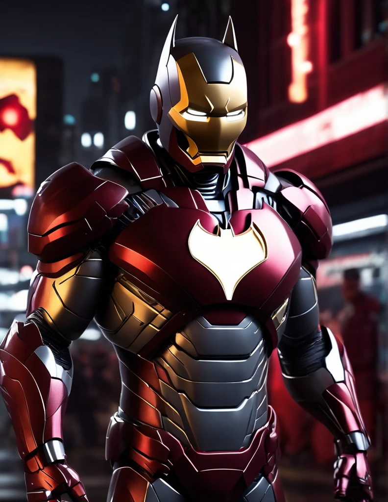 An experimental fusion of Ironman and Batman, a detailed photorealistic new breed of superhero, insanely detailed and intricate figure and high-tech costume, dark cement grey and dark red dual tone colored, dark toned, night metro gotham background, volumetric lighting, unreal engine 5, with some neon lights