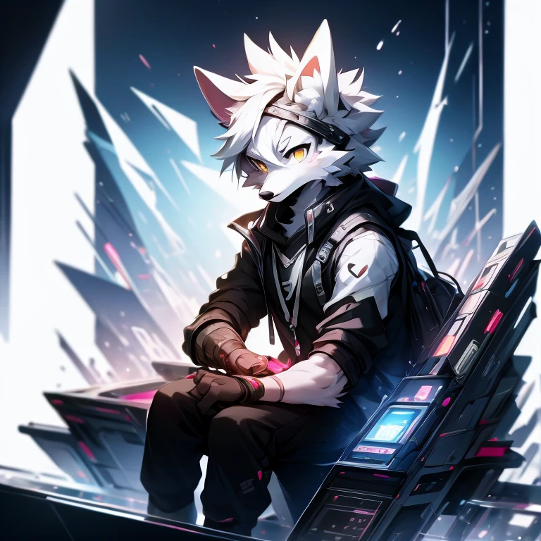 cyber punk perssonage，epcot，Tech style，solo person，White body，White ears，White hair，Overall white，Orange-yellow eyes，Wolf tail，Wolf orcs，Young，Wear a short-sleeved shirt，Ultra-clear screen，Soft lines