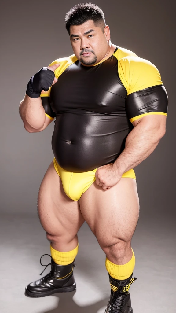 black hair, middle-aged man, individual, male, Muscular wrestler, muscular, Stout wrestler, Asian, Japanese, uncle, 55 year old middle-aged man, short hair, short hair, yellow wrestling boots, full body portrait, shadow, Vision, yellow briefs, obesity, 45 years old, short beard, middle-aged man, tattoo, fingerless gloves, Wheat skin, shiny skin, dark skin, Show your pectoral muscles, sumo wrestler, bodybuilder, wide temples, Visible abdominal muscles, Smile, Fine hands, solid color background, pure white background, Surrealism, Panorama, 8k, super detail，